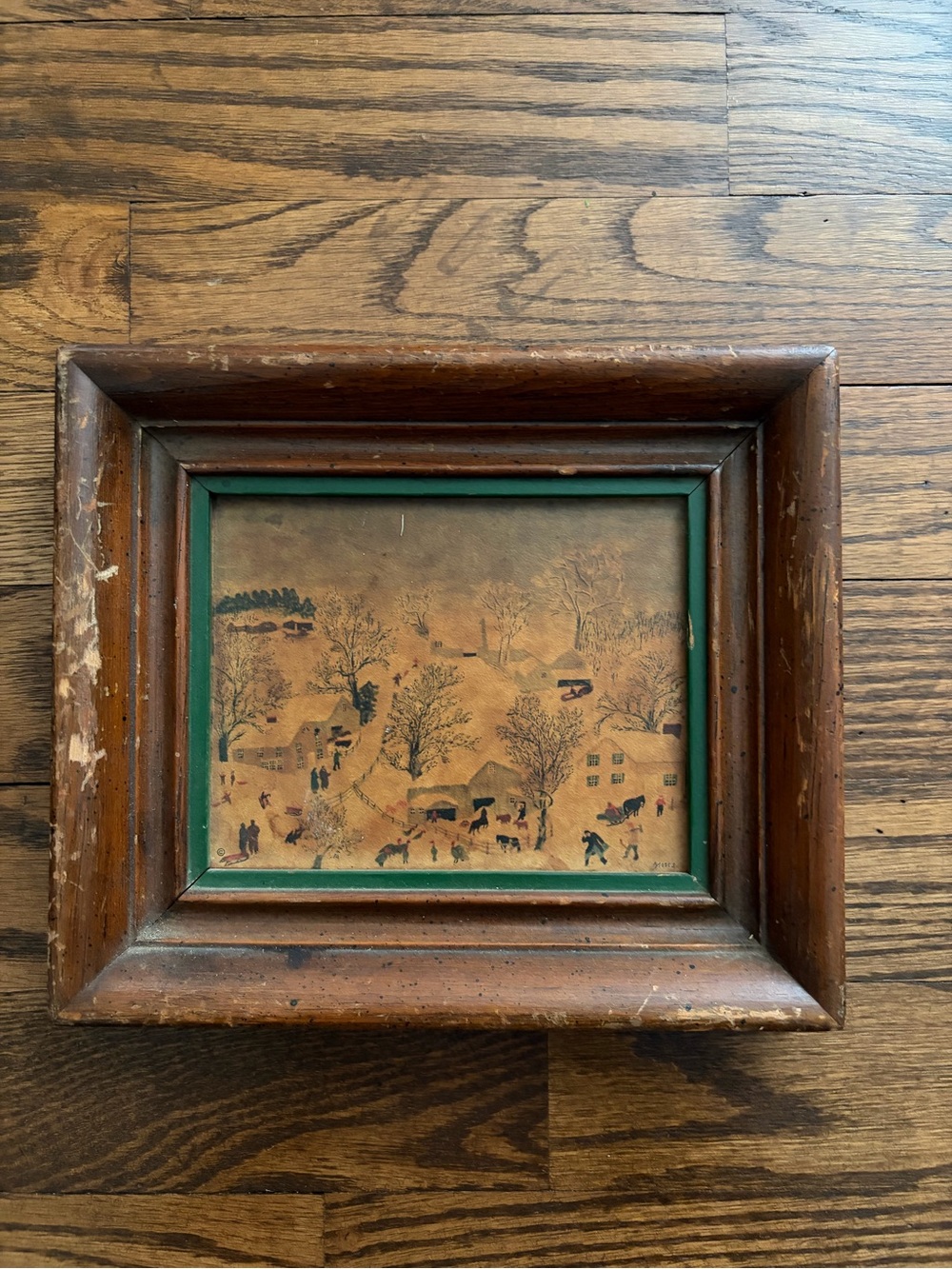 Vintage Grandma Moses Small Wood Framed Print Primitive Americana Winter Farm